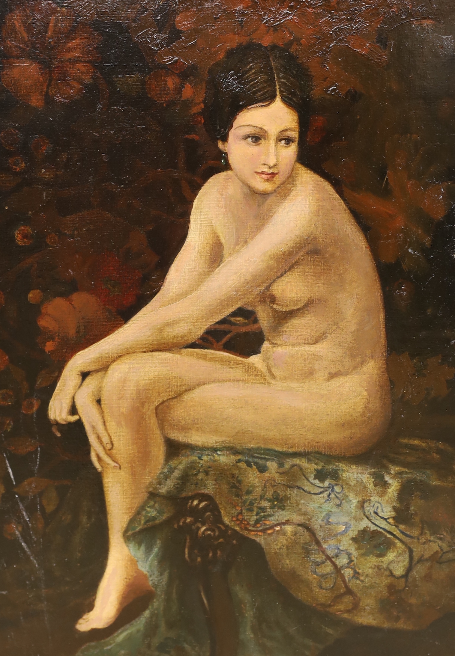 English School c.1910, oil on canvas board, Interior with seated nude, 50 x 35cm, unframed